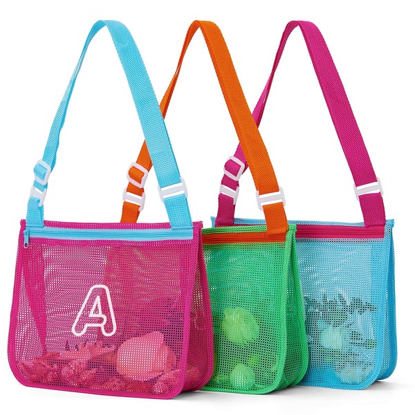 3Pcs Alphabet Printed Seashell Bags for Shell Collecting, Lightweight &