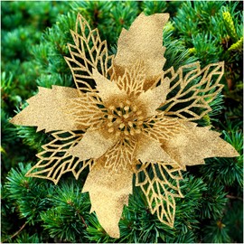 Ubrave 12PCS Gold Poinsettia Christmas Tree Decorations Glitter Artificial Poinsettia Flowers White Poinsettia Christmas Tree Ornaments, Easy to Apply with Gift Box