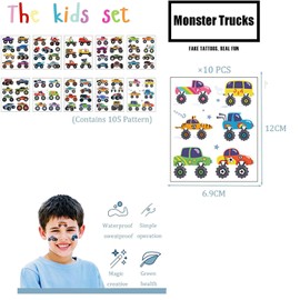Coehaopike Monster Truck Temporary Tattoos for Party Supplies - 10 Sheets Monster Truck Tattoos for Boys Birthday Party Fake Tattoo Stickers for Boys