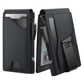 typecase Tactical Wallet for Men Card Holder: Pop Up Card Case, Genuine Leather, Smart, RFID Blocking, Slim, Minimalist, Thin, Front Pocket - 13 Card Capacitiy, ID Window, Money Clip (Dark Black)