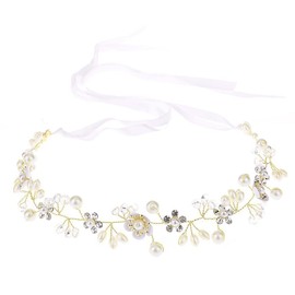 XFSRG Hair Accessories Communion Girls Princess Flower Wreath Hair White Pearl Headband with Ribbon for Bride Women Veil Bride Women (Gold)