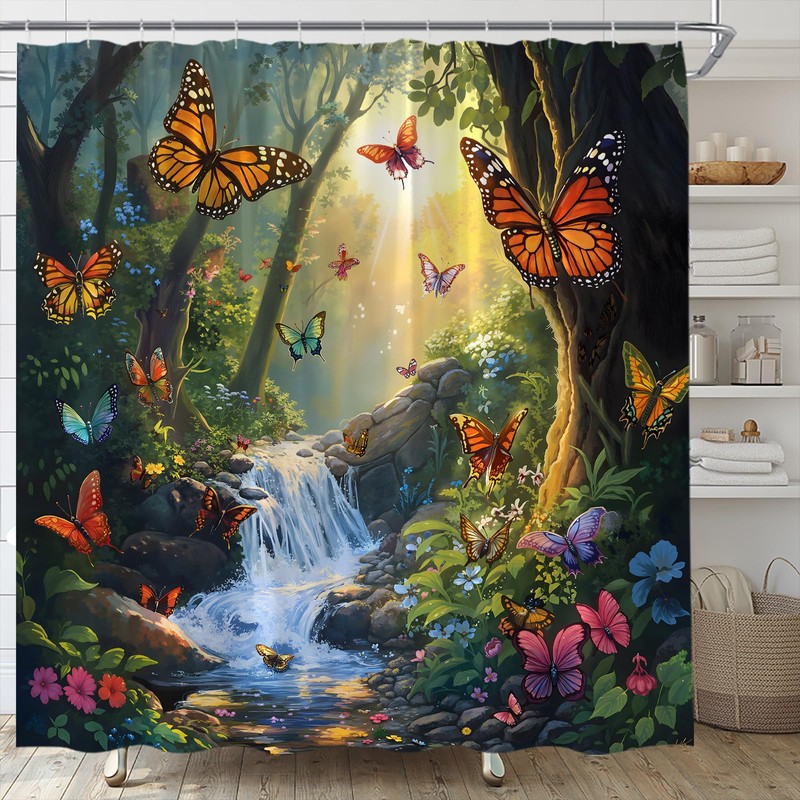 EVRCVAR Forest Waterfall Shower Curtain Butterfly Jungle Spring Nature Wonderland