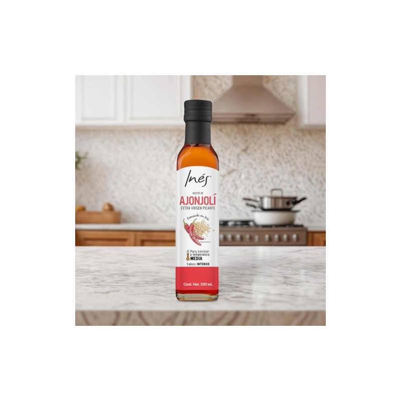 Aceite de ajonjolí picante Inés. Con chile de arbol y