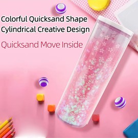 NBX NewmeBox Multifunctional Pencil Case with Quicksand, Calculator, Mirror, Clear Pen Box Pouch, Cute Desk Organizer, Standing cylinder Shape for Girls, Boys, School Supplies(Sakura forest)