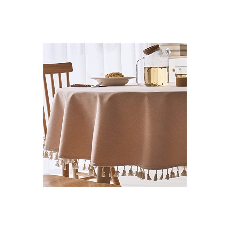 Linen Textured Round Tablecloth with Tassel - Waterproof Spill Proof