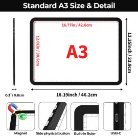 Zocelight A3 Diamond Art Light Board, 16.77×13.35inchs Light Pad,6000 Lux Super Bright Light Box for Tracing,Side Button Design,Magnet Light Table for Diamond Painting,Sketching,Weeding Vinyl(Black)