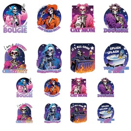 ANATTASOUL 16 Sheets Iron on Transfers for T-Shirts Skeleton and Death DTF Transfers Ready to Press, Washable Iron on Decals for Women Girls Clothing Hat Bag Pillow DIY Crafts