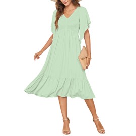 PYGFEMR Women's 2024 Summer Dresses Sun Dress Empire Waist Smocked Flutter Short Sleeve V Neck Midi Dresses Pea Green Large