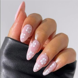 Pink Press on Nails Almond Medium Fake Nails with White Flower Designs Glitter Nails Press ons Spring Glue on Nails Summer False Nails Wear Simple Acrylic Nails Cute Stick on Nails for Women 24Pcs