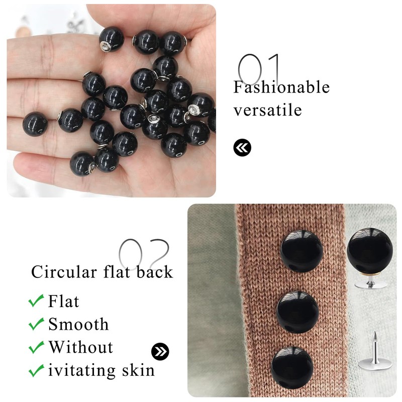30 Sets Pearl Button for Clothes, Pearl pins (Black)