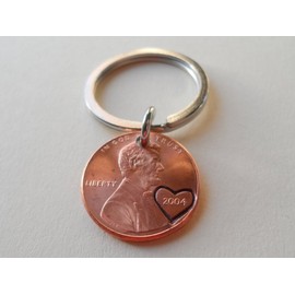2004 Penny Keychain With Heart Around Year; Engraved Couples Keychain, 21 Year Anniversary