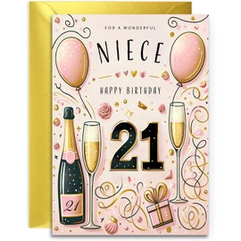 Niece 21st Birthday Card - Champagne and Balloons design - Elegant Birthday Card for Her Age 21 with lovely verse inside. A5 with Gold Envelope