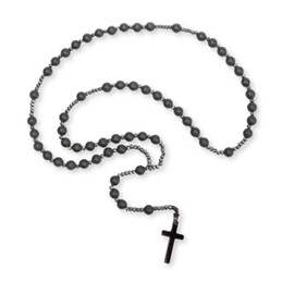 Nazareth Store Stone Beads Men Rosary Necklace Hematite Beaded Cord Necklace with Black Metal Cross Handmade Religious Mens Jewellery, Zinc, Hematite