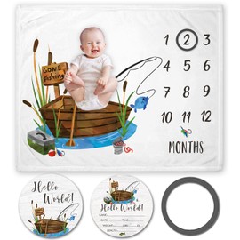 Yuzioey Fishing Baby Milestone Blanket with Birth Stat Sign, Gone Fishing Baby Growth Chart Monthly Blanket, Watch Me Grow Fishing Boat Baby Nursery for New Moms Baby Shower(50"x40")