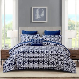 Home Soft Things 7 Piece Printed Microfiber Bedspread, 102" x 90" King, Montgomery, Blue Durable Geometric Lightweight Bed Cover Coverlet Bedding Set with Matching Shams Pillows