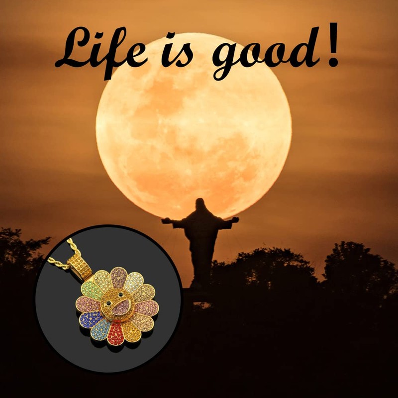 Sunflower Colorful Petal Smiley Face Necklace Rotatable Hip Hop Pendant