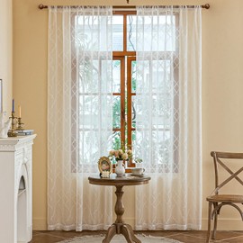 AmHoo 2 Panels Moroccan Geo Embroidered Farmhouse Semi Sheer Curtains Faux Linen Voile for Living Room Bedroom Window Treatment White 53 x 96 Inch