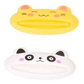 Set of 2 Plastic Tubes of Squeezer Toothpaste Dispenser Cartoon Animals Cat Panda Shaped Toothpaste Squeezers (White, Yellow)