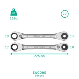WIESEMANN 1893 Reversible 4-in-1 Double Ring Ratchet Spanner with 10, 13, 17, 19mm with 72 Teeth Made of Chrome-Plated CV Steel I Ratchet Ring Wrench from I 81031