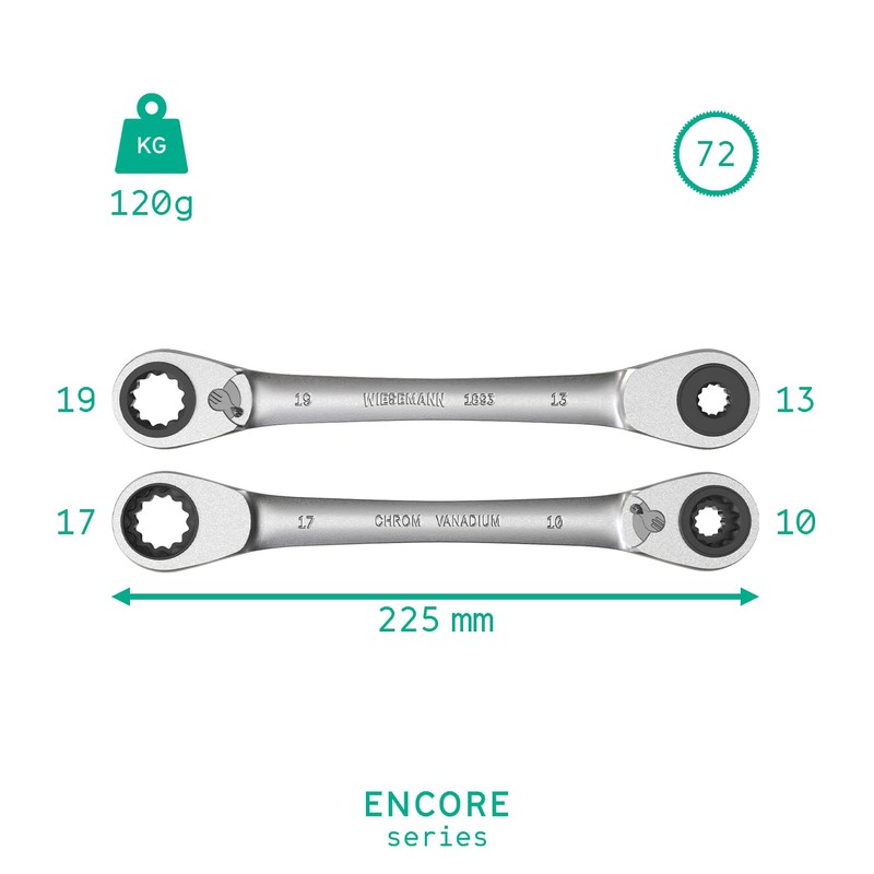 WIESEMANN 1893 Reversible 4-in-1 Double Ring Ratchet Spanner with 10,