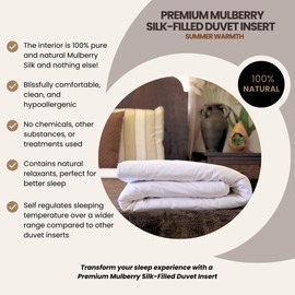 Silk Bedding Direct. Premium Mulberry Silk-Filled Duvet Insert. Summer Bliss (4 Tog). Full Size, 90" x 80". A Hypoallergenic Haven for Comfort, Enveloping Your Dreams in Pure Mulberry Silk.