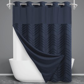 WONICY Extra Long No Hook Shower Curtain with Snap in Liner, Tufted Chevron Striped Shower Curtain Set for Bathroom, Boho Waterproof and Washable Shower Curtains, 71Wx86H, Navy Blue