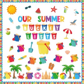 CPicdn 118Pcs Summer Bulletin Board Decorations Set, Our Summer Bucket Lists Cutouts Border Trims Sun Beach Name Tags Home School Classroom Hawaiian Tropical Party Supplies Chalkboard Wall Door Decor