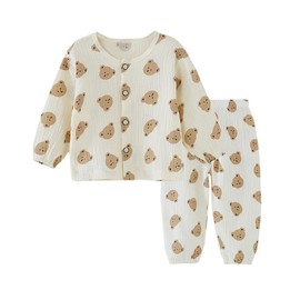 Jaydyequ Baby Clothes, Pajamas, Spring, Summer, Autumn Clothes, Thin Cotton Gauze Top and Bottom Set, Front Opening, Long Sleeves, Boys and Girls, Loungewear, Children's Clothes, All Patterns, Bear