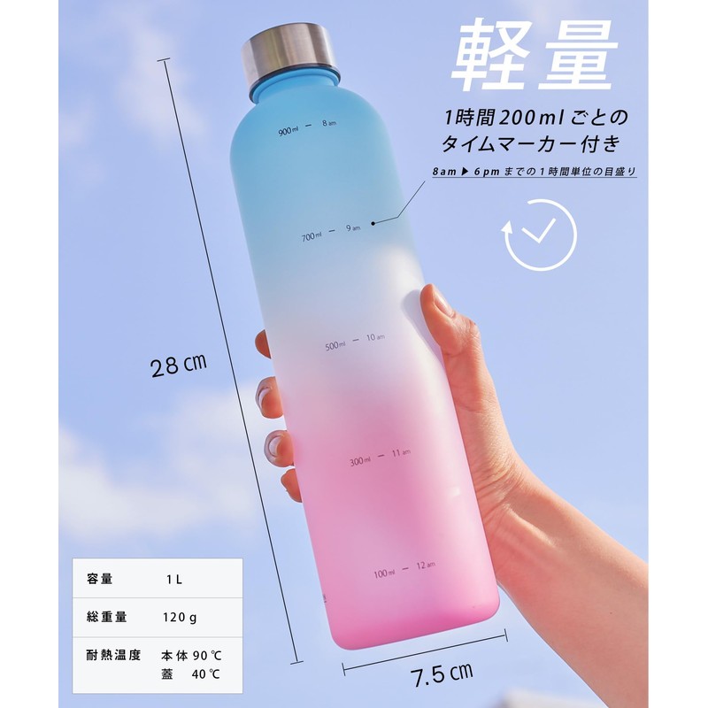 TRIP.INN Water Bottle with Time Marker, 1 Liter Water Bottle,