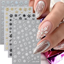 4 Sheets Christmas Nail Stickers for Nail Art 3D Self-Adhesive Snowflake Nail Art Stickers with Nail Rhinestones Gold Laser Silver Black White Snowflake Nail Decals for Women Winter Xmas Nail Decor