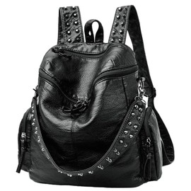 Hycurey Womens Stylish Rivet Backpack Washed Multi Pocket Knotted Zipper Soft Leather Bag Trendy Travel Daypack Satchel Purse