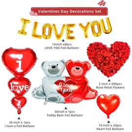 EULAPGOE Valentines Day Decor Foil Red Heart Balloons + Bear Balloons Anniversary Wedding Kit Red Rose Petals for Romantic Night Red Glitter Heart Garland Gold Letter I Love You Balloons Decorations