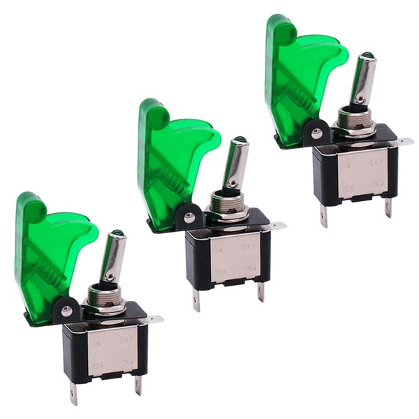 FULARR 3PCS Car Toggle Switch with Green Waterproof Cover and Green LED Indicator, ON-OFF 2 Position 3 Pin SPST Auto Rocker Switch for Car Auto Truck Boat (20A / 12VDC)