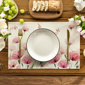Artoid Mode Poppy Leaves Spring Set of 6 Placemats, 30 x 45 cm, Summer Banquet Placemats, Washable Place Mats, Kitchen Party Decoration