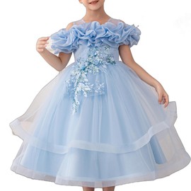 Zvzio Girls' Special Occasion Dresses with Cloud Shoulder Design, Mid-Length Easter Dress for Girls Blue