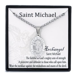 Zocomi Saint St Michael Medal Necklace for Men Boys, Stainless Steel St Michael. Pendant Chain Archangel Jewelry Gift Religious Christian Baptism First Communion Confirmation (Silver)
