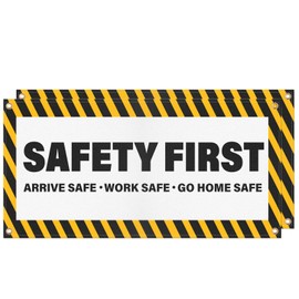 YIKIADA 2 Pack Safety First Banners Arrive Work Go Home Safe Sign with Grommets 4 × 2 Feet Fabric Polyester Fade Resistant Caution Warning Signage for Workplace Warehouse Factory