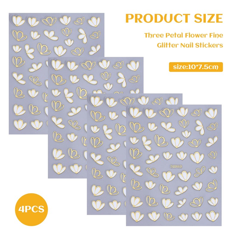 Kabwea 4 Glitter Nail Stickers with Three-Petal Design, Nail Stickers