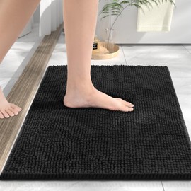 HITSLAM Chenille Bath Mat Non Slip Anti Mould, 40x60cm Ultra Soft Bathroom Mat, Super Absorbent Bath Mats for Bathroom, Machine-Washable Quick Dry Bath Foot Mat, Bath Rug for Shower and Tub, Black
