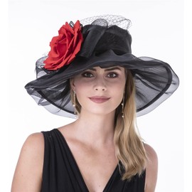 SAFERIN Women's Organza Church Kentucky Derby Hat Feather Veil Fascinator Bridal Tea Party Wedding Hat (MN-Red Black Bow)