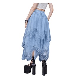 SHENHE Women's Lace Trim Layered Mesh Tulle Skirt High Waist Asymmetrical Long Goth Skirt, Light Blue, Large