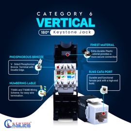 Cat6 RJ45 Vertical Keystone Jack - 180 Degree UTP Toolless Ethernet Adapter, Compatible with Cat6 unloaded Blank Patch Panel (Pack of 10, Half White & Black)