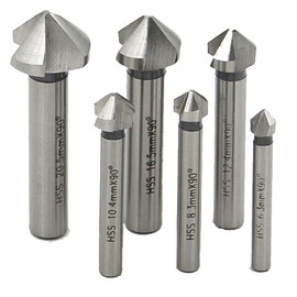 Set of 6, Chamfering Cutter, Countersink HSS Machine Countersink, Carbide Chamfering Cutter Round Shank, 3 Edges, 90 Degrees, 6.3 mm, 8.3 mm, 10.4 mm, 12.4 mm, 16.5 mm, 20.5 mm High Speed Steel