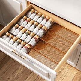 PanPanPal Spice Drawer Organizer, 4 Tier- 4 Pack Amber Acrylic Drawer Seasoning Organizer, Expandable From 11'' to 22'' Kitchen Spice Rack Organizers and Storage for Drawer (Jars not included)