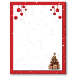 Red Bulbs & Christmas Tree Stationery Paper - 80 Sheets of Letterhead for Winter & Holiday Events