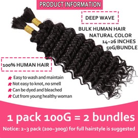 Huarisi Deep Wave Bulk Human Hair for Braiding, No Weft, 18 Inches, 10A Unprocessed Human Hair, 50 g, 1 Bundle, Bulk Braiding Hair for Boho Braids (Natural Colour, 2 Bundles, 18 Inch a Pack)