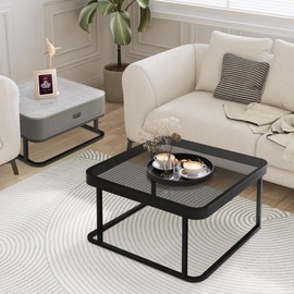 Jerry & Maggie Ø 27.5" Tempered Glass Coffee Tables for Living Room Modern Farmhouse, Square Glass Nesting Coffee Table Set of 2, Side Table 2-Piece Set