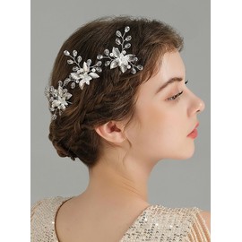 Octwine Handmade Bride Wedding Hair Pins Silver Flower Leaf Rhinestone Hair Pins Bridal Hair Accessories Rhinestone Pearls Hair Pins Crystal Pearls Hair Clips for Women