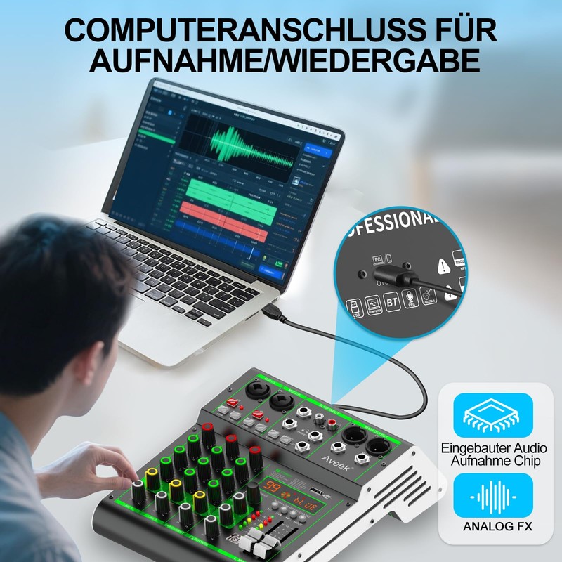 Aveek Audio Mixer,Professional Sound Board Mixing Console with USB Drive/Bluetooth/Computer/4