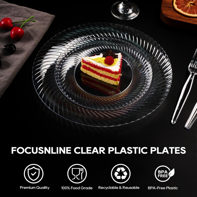 FOCUSLINE 10 Inch Clear Plastic Plates, 100 Count Disposable Heavy